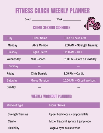Free Purple Fitness Coach Weekly Planner Template to Edit Online
