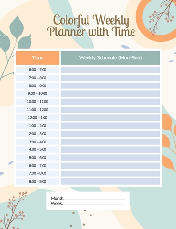 Free Colorful Weekly Planner with Time Template to Edit Online