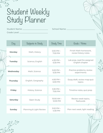 Free Student Weekly Study Planner Template to Edit Online