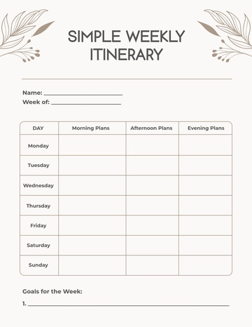 Free Simple and Elegant Weekly Itinerary Template to Edit Online