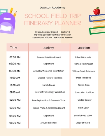 Free School Field Trip Itinerary Planner Template to Edit Online