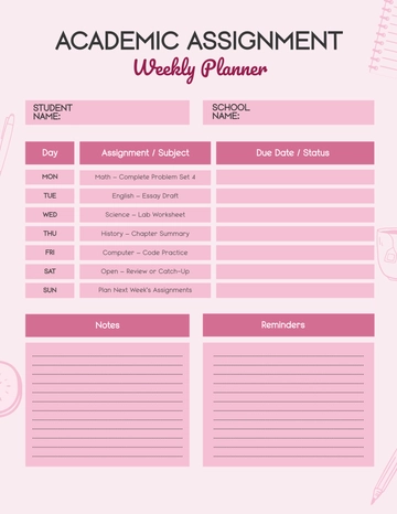 Free Academic Assignment Weekly Planner Template to Edit Online