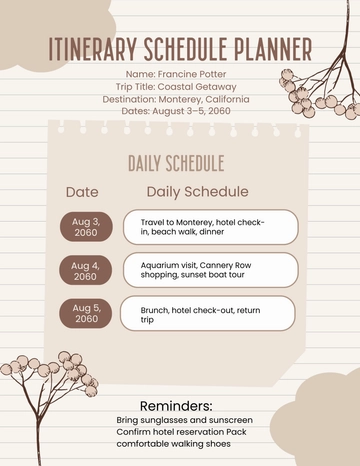 Free Itinerary Schedule Planner Template to Edit Online