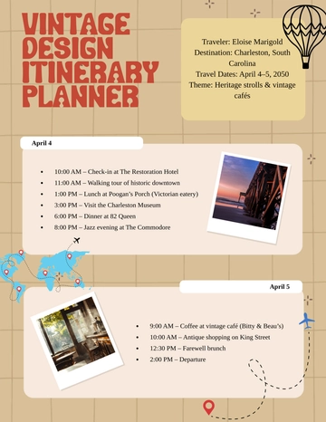 Free Vintage Design Itinerary Planner Template to Edit Online