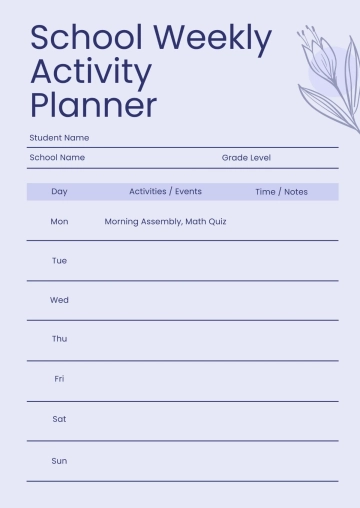 Free School Weekly Activity Planner Template to Edit Online