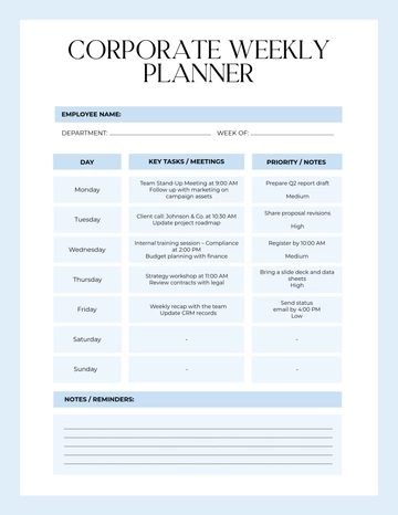 Free Blue Corporate Weekly Planner Template to Edit Online