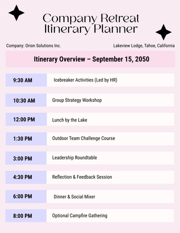 Free Company Retreat Itinerary Planner Template to Edit Online