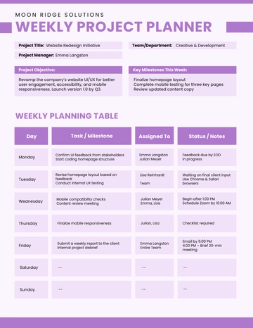 Free Weekly Project Planner Template to Edit Online