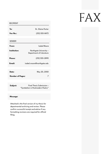 Free Aesthetic Thesis Fax Cover Page Template to Edit Online
