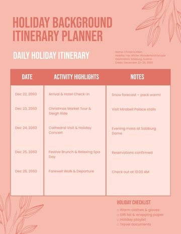 Free Holiday Background Itinerary Planner Template to Edit Online