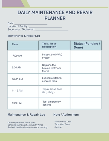 Free Daily Maintenance and Repair Planner Template to Edit Online