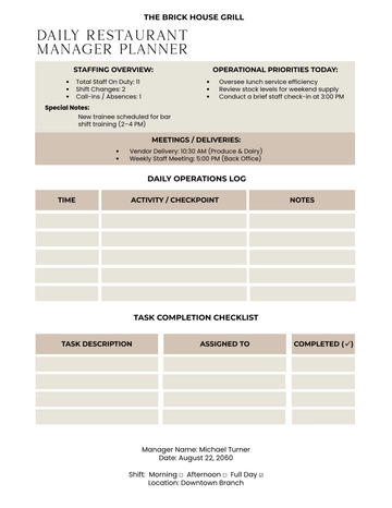 Free Daily Restaurant Manager Planner Template to Edit Online
