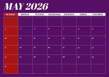 Free Sunday-Start May 2026 Calendar Template to Edit Online