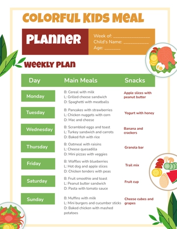 Free Colorful Kids Meal Planner Template to Edit Online
