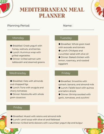 Free Mediterranean Meal Planner Template to Edit Online