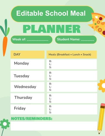 Free Editable School Meal Planner Template to Edit Online