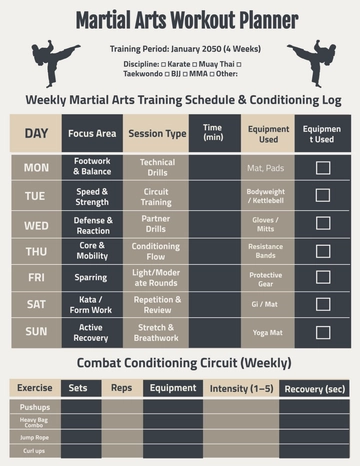 Free Martial Arts Workout Planner Template to Edit Online