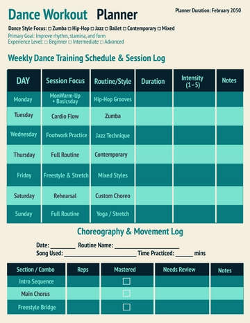 Free Dance Workout Planner Template to Edit Online