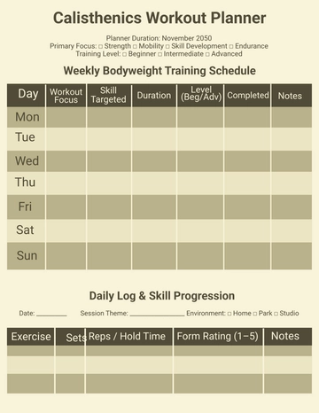Free Calisthenics Workout Planner Template to Edit Online