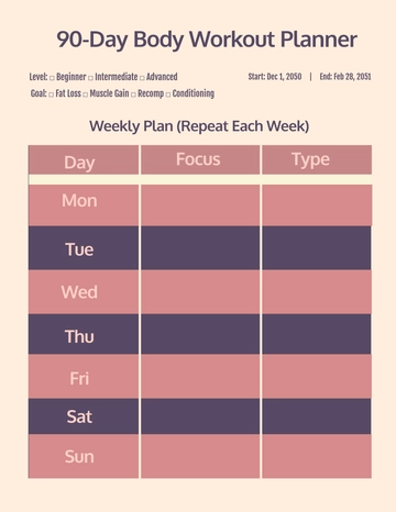Free 90-Day Body Workout Planner Template to Edit Online