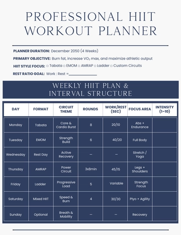 Free Professional HIIT Workout Planner Template to Edit Online