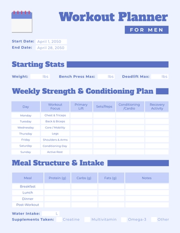 Free Light Blue Workout Planner for Men Template to Edit Online