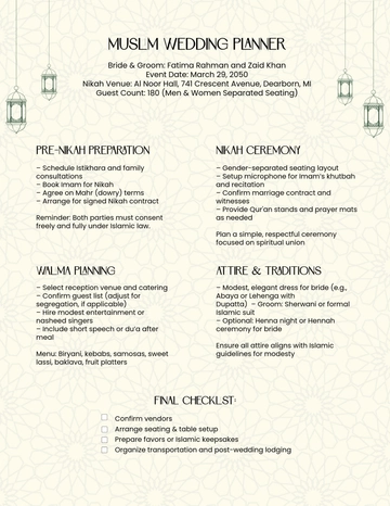 Free Muslim Wedding Planner Template to Edit Online