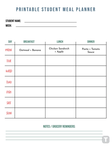 Free Printable Student Meal Planner Template to Edit Online