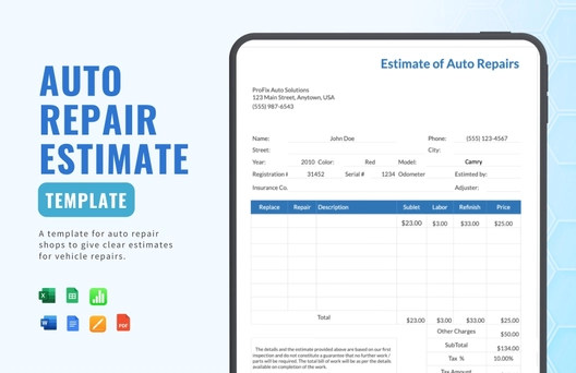 Simple Auto Repair Estimate Template