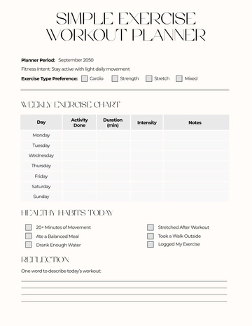 Free Simple Exercise  Workout Planner Template to Edit Online