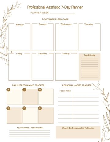 Free Professional Aesthetic 7-Day Planner Template to Edit Online