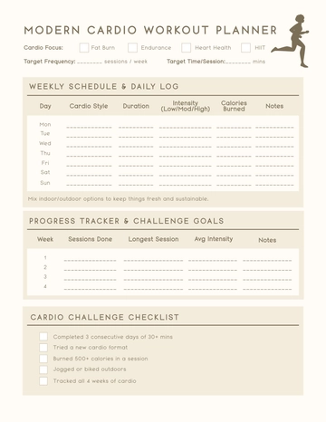 Free Modern Cardio Workout Planner Template to Edit Online