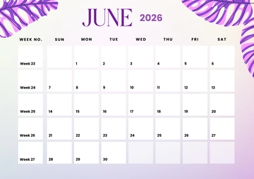 Free June 2026 Calendar with Week Numbers Template to Edit Online