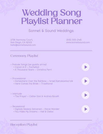Free Wedding Song Playlist Planner Template to Edit Online