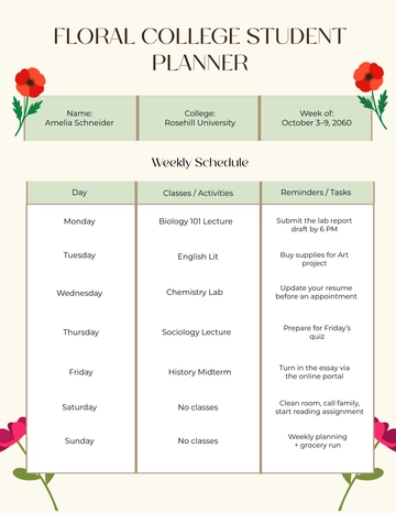 Free Floral College Student Planner Template to Edit Online