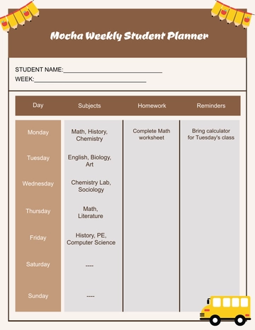 Free Mocha Weekly Student Planner Template to Edit Online
