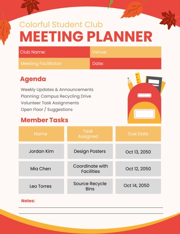 Free Colorful Student Club Meeting Planner Template to Edit Online
