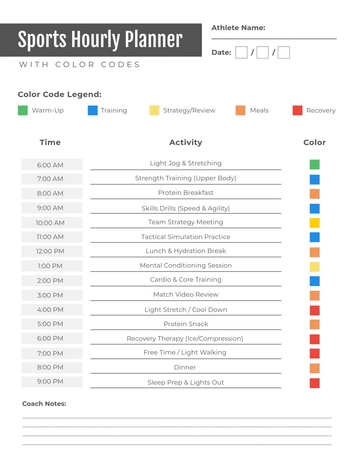 Free Sports Hourly Planner with Color Codes Template to Edit Online