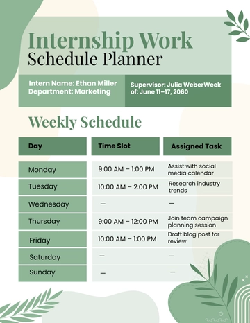 Free Internship Work Schedule Planner Template to Edit Online