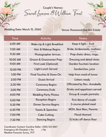 Free Floral Design Wedding Day Hourly Planner Template to Edit Online Free Floral Design Wedding Day Hourly Planner Template to Edit Online