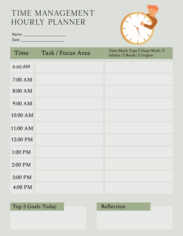 Free Time Management Hourly Planner Template to Edit Online