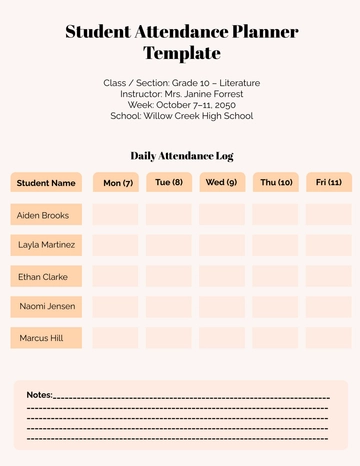Free Student Attendance Planner Template to Edit Online