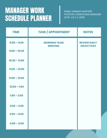 Free Manager Work Schedule Planner Template to Edit Online