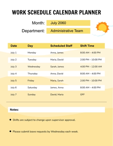 Free Work Schedule Calendar Planner Template to Edit Online
