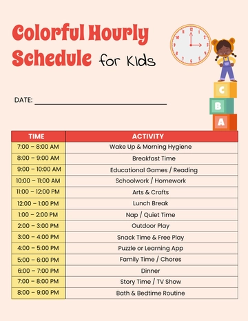 Free Colorful Hourly Schedule Template for Kids to Edit Online Free Colorful Hourly Schedule Template for Kids to Edit Online