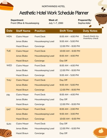 Free Aesthetic Hotel Work Schedule Planner Template to Edit Online