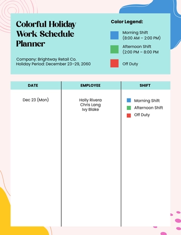 Free Colorful Holiday Work Schedule Planner Template to Edit Online