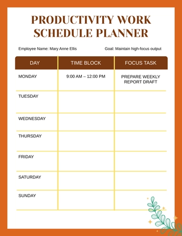 Free Productivity Work Schedule Planner Template to Edit Online