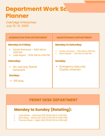 Free Department Work Schedule Planner Template to Edit Online