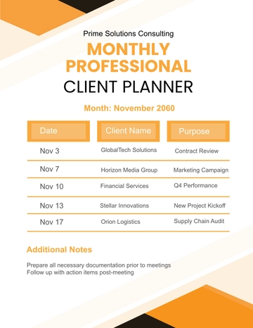 Free Monthly Professional Client Planner Template to Edit Online